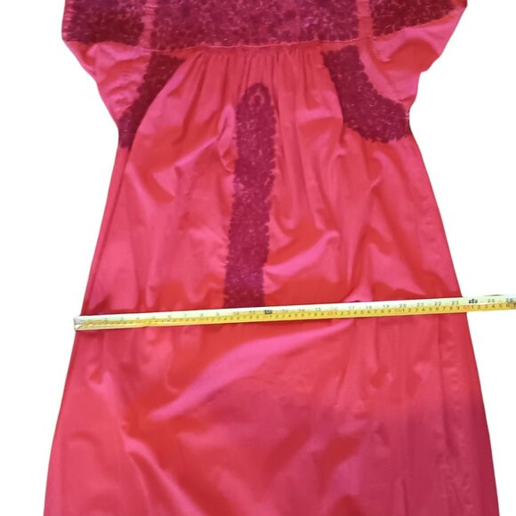 Mexican Oaxacan Red On Red Embroidered Dress Maxi Length Vintage Small Medium - Picture 12 of 16